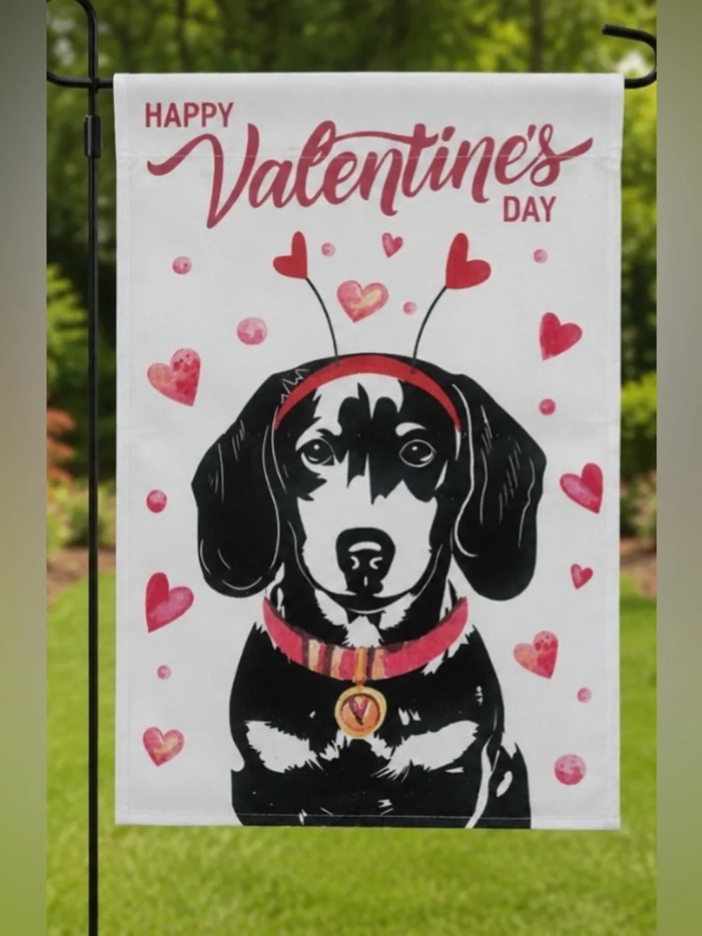 Valentine's Day Dog Garden Flag - Black & Pink Dachshund